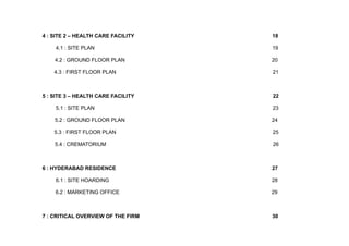 4 : SITE 2 – HEALTH CARE FACILITY 18
4.1 : SITE PLAN 19
4.2 : GROUND FLOOR PLAN 20
4.3 : FIRST FLOOR PLAN 21
5 : SITE 3 – HEALTH CARE FACILITY 22
5.1 : SITE PLAN 23
5.2 : GROUND FLOOR PLAN 24
5.3 : FIRST FLOOR PLAN 25
5.4 : CREMATORIUM 26
6 : HYDERABAD RESIDENCE 27
6.1 : SITE HOARDING 28
6.2 : MARKETING OFFICE 29
7 : CRITICAL OVERVIEW OF THE FIRM 30
 