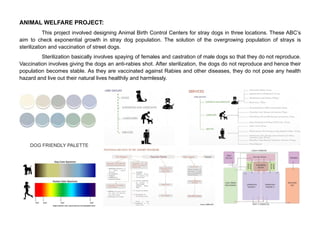 ANIMAL WELFARE PROJECT:
This project involved designing Animal Birth Control Centers for stray dogs in three locations. These ABC’s
aim to check exponential growth in stray dog population. The solution of the overgrowing population of strays is
sterilization and vaccination of street dogs.
Sterilization basically involves spaying of females and castration of male dogs so that they do not reproduce.
Vaccination involves giving the dogs an anti-rabies shot. After sterilization, the dogs do not reproduce and hence their
population becomes stable. As they are vaccinated against Rabies and other diseases, they do not pose any health
hazard and live out their natural lives healthily and harmlessly.
DOG FRIENDLY PALETTE
 