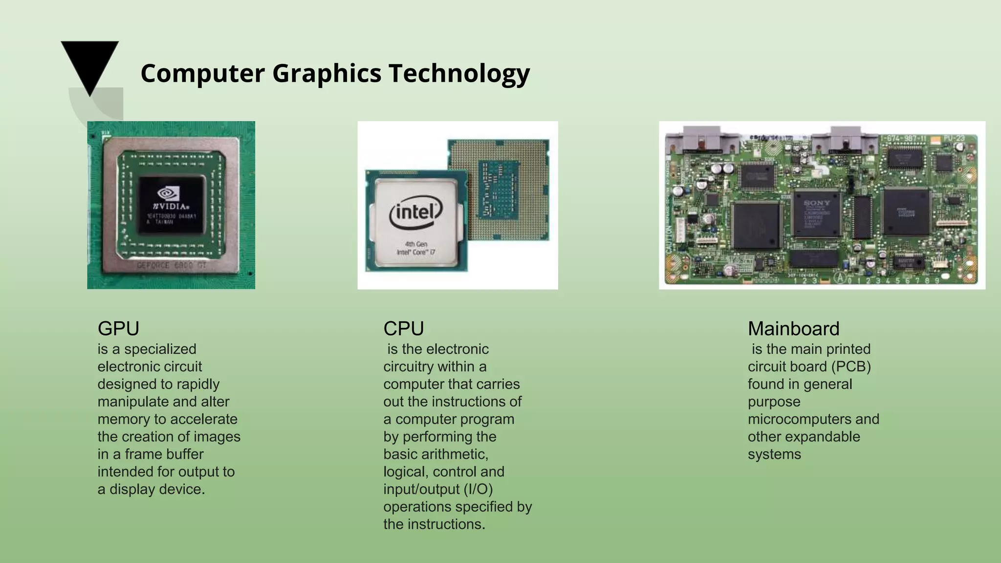 Computer Graphics Technology
GPU
is a specialized
electronic circuit
designed to rapidly
manipulate and alter
memory to accelerate
the creation of images
in a frame buffer
intended for output to
a display device.
CPU
is the electronic
circuitry within a
computer that carries
out the instructions of
a computer program
by performing the
basic arithmetic,
logical, control and
input/output (I/O)
operations specified by
the instructions.
Mainboard
is the main printed
circuit board (PCB)
found in general
purpose
microcomputers and
other expandable
systems
 