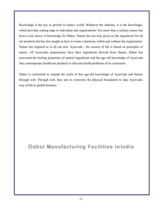 Knowledge is the key to growth in today's world. Whatever the industry, it is the knowledge,
which provides cutting edge to individual and organizations. For more than a century nature has
been a rich source of knowledge for Dabur. Nature has not only given us the ingredients for all
our products but has also taught us how to create a harmony within and without the organization.
Nature has inspired us in all our acts. Ayurveda - the science of life is based on principles of
nature. All Ayurvedic preparations have their ingredients derived from Nature. Dabur has
converted the healing properties of natural ingredients and the age-old knowledge of Ayurveda
into contemporary healthcare products to alleviate health problems of its consumers.
Dabur is committed to expand the reach of this age-old knowledge of Ayurveda and Nature
through web. Through web, they aim to overcome the physical boundaries to take Ayurvedic
way of life to global frontiers.
11
 