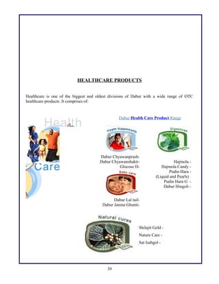 HEALTHCARE PRODUCTS
Healthcare is one of the biggest and oldest divisions of Dabur with a wide range of OTC
healthcare products. It comprises of:
Dabur Health Care Product Range
Dabur Chyawanprash-
Dabur Chyawanshakti-
Glucose D-
Dabur Lal tail-
Dabur Janma Ghunti-
Hajmola -
Hajmola Candy -
Pudin Hara -
(Liquid and Pearls)
Pudin Hara G -
Dabur Hingoli -
Shilajit Gold -
Nature Care -
Sat Isabgol -
39
 