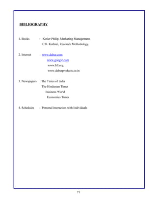 BIBLIOGRAPHY
1. Books : Kotler Philip, Marketing Management.
C.B. Kothari, Research Methodology.
2. Internet : www.dabur.com
www.google.com
www.hll.org.
www.daburproducts.co.in
3. Newspapers : The Times of India
The Hindustan Times
Business World
Economics Times
4. Schedules : Personal interaction with Individuals
71
 