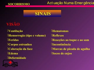 SOCORRISMO Act uação Numa Emergência
SINAIS
Ventilação
Hemorrogia (tipo e volume)
Feridas
Corpos estranhos
Coloração da face
Edema
Deformidade
Hematomas
Reflexos
Reacções ao toque e ao som
Incontinência
Marcas de picada de agulha
Socos de enjoo
VISÃO
 