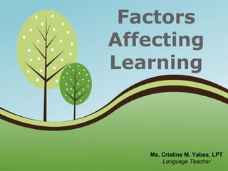 Page 1
Factors
Affecting
Learning
Ms. Cristine M. Yabes, LPT
Language Teacher
 