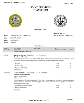 Page of1
07/06/2016
** PROTECTED BY FERPA **
VINSON, DANIELLE RAYLENE 4
VINSON, DANIELLE RAYLENE
XXX-XX-XXXX
Specialist (E4)
VINSON, DANIELLE RAYLENE
Transcript Sent To:
Name:
SSN:
Rank:
JOINT SERVICES
TRANSCRIPT
**UNOFFICIAL**
Military Courses
SeparatedStatus:
Military
Course ID
ACE Identifier
Course Title
Location-Description-Credit Areas
Dates Taken ACE
Credit Recommendation Level
Basic Combat Training:
Upon completion of the course, the student will be able to demonstrate the skills necessary for survival in a combat
environment including marksmanship, physical conditioning, navigation, and combat techniques.
AR-2201-0399 V02750-BT 12-OCT-2001 13-DEC-2001
First Aid
Marksmanship
Physical Conditioning
L
L
L
1 SH
2 SH
2 SH
Personnel Services Specialist:
AR-1406-0182 V02 07-JAN-2002 08-MAR-2002
Upon completion of the course, the student will be able to process personnel information, including maintaining
records, processing promotions, documenting personnel actions, and accessing and updating an automated
personnel information system.
500-75H10
Adjutant General School
Ft Jackson SC
Human Resources Management
Records Management
3 SH
3 SH
L
L
(10/02)(10/02)
(3/02)(3/02)
to
to
 