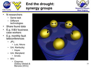 IV&V Facility
Research Heaven,
West Virginia
14
End the drought:
synergy groups
• N researchers
– Same task
– Different
technologies
• Share found data
• E.g. IV&V business
case workers
• E.g. monthly fault
teleconferences
– JPL:
• Lutz, Nikora
– Uni. Kentucky:
• Hayes
– Uni. Maryland:
• Smidts
– WV:
• Chapman
(Galaxy Global) &
Menzies (WVU)
 