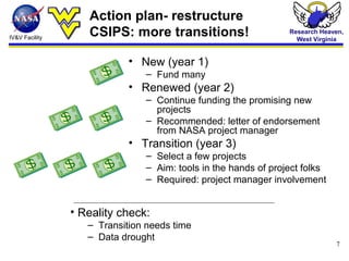 IV&V Facility
Research Heaven,
West Virginia
7
Action plan- restructure
CSIPS: more transitions!
• New (year 1)
– Fund man...