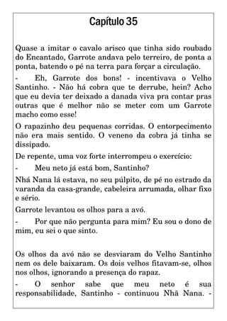 Capítulo35
Quase a imitar o cavalo arisco que tinha sido roubado
do Encantado, Garrote andava pelo terreiro, de ponta a
ponta, batendo o pé na terra para forçar a circulação.
- Eh, Garrote dos bons! - incentivava o Velho
Santinho. - Não há cobra que te derrube, hein? Acho
que eu devia ter deixado a danada viva pra contar pras
outras que é melhor não se meter com um Garrote
macho como esse!
O rapazinho deu pequenas corridas. O entorpecimento
não era mais sentido. O veneno da cobra já tinha se
dissipado.
De repente, uma voz forte interrompeu o exercício:
- Meu neto já está bom, Santinho?
Nhá Nana lá estava, no seu púlpito, de pé no estrado da
varanda da casa-grande, cabeleira arrumada, olhar fixo
e sério.
Garrote levantou os olhos para a avó.
- Por que não pergunta para mim? Eu sou o dono de
mim, eu sei o que sinto.
Os olhos da avó não se desviaram do Velho Santinho
nem os dele baixaram. Os dois velhos fitavam-se, olhos
nos olhos, ignorando a presença do rapaz.
- O senhor sabe que meu neto é sua
responsabilidade, Santinho - continuou Nhã Nana. -
 