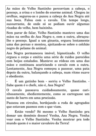 As mãos do Velho Santinho percorriam a cabeça, o
pescoço, a crina e o lombo do enorme animal. Chegou às
orelhas, segurou-as e puxou a cabeça do Asa Negra até
sua boca. Falou com o cavalo. Um tempo longo,
sussurrante, de onde só se podiam ouvir algumas
risadas do velho, bem baixinho.
Sem parar de falar, Velho Santinho manteve uma das
mãos na orelha do Asa Negra e, com a outra, abraçou-
lhe o pescoço. Igual a um ginasta, ergueu lentamente
uma das pernas e montou, ajeitando-se sobre o colchão
negro do pelame do animal.
Asa Negra permaneceu imóvel, hipnotizado. O velho
ergueu o corpo e emitiu uma série de ruídos parecidos
com beijos estalados. Manteve as rédeas em uma das
mãos e continuou acariciando o cavalo com a outra.
Lentamente, Asa Negra começou a passear, uma pata
depois da outra, balançando a cabeça, num ritmo suave
e obediente.
- É um gatinho bom - sorriu o Velho Santinho. -
Sabe quem é o chefe, não é, Asa Negra?
O cavalo passeava cuidadosamente, quase cari-
nhosamente, obedientemente, como se carregasse um
santo de barro em uma procissão.
Passeou em círculos, bordejando a roda de agregados
que estavam pasmos com o que viam.
- Estão vendo? Só mesmo o Velho Santinho pra
domar um demônio desses! Venha, Asa Negra. Venha
voar com o Velho Santinho. Venha mostrar pra todo
mundo quem é o maior cavaleiro da Terra!
 