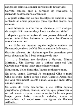 zangão da colmeia, o maior cavaleiro do Encantado!
Garrote soluçou ante a surpresa da revelação e,
chorando de desespero, continuou:
... a gente entra com os pés descalços no rasinho e fica
sentindo as ondas pequenas como tapinhas fracos nas
canelas...
... mas Mariana nasceu com a cabecinha livre e alegre
do zangão. Não com a cabeça louca da abelha-rainha!
... depois a gente vai entrando aos poucos, deixando as
ondas maiorzinhas baterem no peito e borrifarem a
nossa boca com sal...
... eu tinha de mandar aquele anjinho embora do
Encantado, embora de Nhã Nana, embora da loucura...
Garrote calou-se. As lágrimas que lhe escorriam pelo
rosto chegavam-lhe à boca com gosto de mar.
- ... e Mariana me devolveu o Garrote. Minha
Mariana... Um Garrote teso e tinhoso como eu! Um
Garrote que vai me levar pra conhecer o mar!
Sim, o mar, Velho Santinho. Vamos conhecer o mar...
Eu estou vendo, Garrote! Já chegamos! Olha o mar!
Olha as ondas! Estou vendo o mar, Garrote! Agora não
me falta mais nada! Lá está o mar. Veja que lindo! Olha
o mar, Garrote!
Os olhos do velho brilharam, e ele soltou aquela
gargalhada gostosa, franca, aberta, que percorreu o
cerrado como o vento, e com o vento foi levada para
longe, para leste, vencendo cidades, matas e
montanhas, até sepultar-se nas águas do Oceano
Atlântico...
 