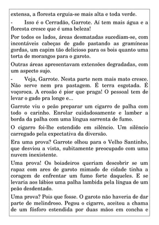 extensa, a floresta erguia-se mais alta e toda verde.
- Isso é o Cerradão, Garrote. Aí tem mais água e a
floresta cresce que é uma beleza!
Por todos os lados, áreas desmatadas sucediam-se, com
incontáveis cabeças de gado pastando as gramíneas
gordas, um capim tão delicioso para os bois quanto uma
torta de morangos para o garoto.
Outras áreas apresentavam extensões degradadas, com
um aspecto sujo.
- Veja, Garrote. Nesta parte nem mais mato cresce.
Não serve nem pra pastagem. É terra esgotada. É
voçoroca. A erosão é pior que praga! O pessoal tem de
levar o gado pra longe e...
Garrote viu o peão preparar um cigarro de palha com
todo o carinho. Enrolar cuidadosamente e lamber a
borda da palha com uma língua sarrenta de fumo.
O cigarro foi-lhe estendido em silêncio. Um silêncio
carregado pela expectativa da diversão.
Era uma prova? Garrote olhou para o Velho Santinho,
que desviou a vista, subitamente preocupado com uma
nuvem inexistente.
Uma prova! Os boiadeiros queriam descobrir se um
rapaz com ares de garoto mimado de cidade tinha a
coragem de enfrentar um fumo forte daqueles. E se
levaria aos lábios uma palha lambida pela língua de um
peão desdentado.
Uma prova? Pois que fosse. O garoto não haveria de dar
parte de melindroso. Pegou o cigarro, aceitou a chama
de um fósforo estendida por duas mãos em concha e
 