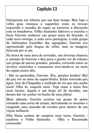 Capítulo13
Galoparam em silêncio por um bom tempo. Mas logo o
velho guia retomou a tagarelice como se tivesse
esquecido a ousadia do rapaz ao encerrar a discussão
com os boiadeiros. Velho Santinho liderava a marcha e
fazia Garrote conhecer um pouco mais da fazenda. A
cada novo córrego, a cada nova pastagem, a cada grupo
de habitações humildes dos agregados, Garrote era
apresentado pela língua do velho, mas as imagens
falavam por si sós.
Na beira de uma área de cerradão, um alvoroço chamou
a atenção do Garrote e deu para o garoto ver de relance
um grupo de porcos grandes, peludos, correndo entre as
árvores retorcidas e raramente reve-lando-se no meio
do capim muito alto.
- São os queixadas, Garrote. Eta, porções brabos! Mal
dá pra ver no meio do capim-flecha. Estão correndo pra
água. Isso do Chapadão é molhado de rio que não acaba
mais! Olha lá, naquele meio. Veja como a mata fica
mais bonita. Aquilo é um brejo só! Se duvidar, um
desses daí vai acabar no bucho de uma jibóia!
Mais adiante, Garrote avistou um grupo de peões
cortando uma cerca de arame, derrubando os mourões e
tangendo uma manada de cavalos para dentro de um
viçoso milharal.
Nhá Nana acabou de comprar essa terra, Garrote -
explicou o Velho Santinho. - Olha o Encantado
crescendo!
 