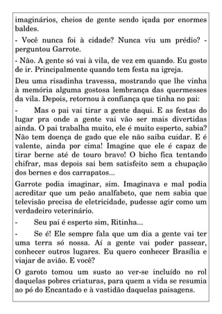imaginários, cheios de gente sendo içada por enormes
baldes.
- Você nunca foi à cidade? Nunca viu um prédio? -
perguntou Garrote.
- Não. A gente só vai à vila, de vez em quando. Eu gosto
de ir. Principalmente quando tem festa na igreja.
Deu uma risadinha travessa, mostrando que lhe vinha
à memória alguma gostosa lembrança das quermesses
da vila. Depois, retornou à confiança que tinha no pai:
- Mas o pai vai tirar a gente daqui. E as festas do
lugar pra onde a gente vai vão ser mais divertidas
ainda. O pai trabalha muito, ele é muito esperto, sabia?
Não tem doença de gado que ele não saiba cuidar. E é
valente, ainda por cima! Imagine que ele é capaz de
tirar berne até de touro bravo! O bicho fica tentando
chifrar, mas depois sai bem satisfeito sem a chupação
dos bernes e dos carrapatos...
Garrote podia imaginar, sim. Imaginava e mal podia
acreditar que um peão analfabeto, que nem sabia que
televisão precisa de eletricidade, pudesse agir como um
verdadeiro veterinário.
- Seu pai é esperto sim, Ritinha...
- Se é! Ele sempre fala que um dia a gente vai ter
uma terra só nossa. Aí a gente vai poder passear,
conhecer outros lugares. Eu quero conhecer Brasília e
viajar de avião. E você?
O garoto tomou um susto ao ver-se incluído no rol
daquelas pobres criaturas, para quem a vida se resumia
ao pó do Encantado e à vastidão daquelas paisagens.
 