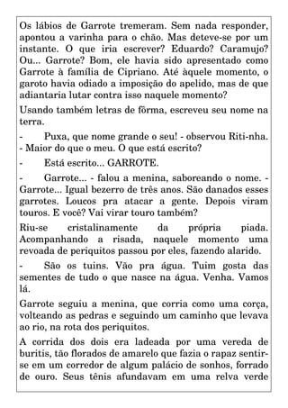 Os lábios de Garrote tremeram. Sem nada responder,
apontou a varinha para o chão. Mas deteve-se por um
instante. O que iria escrever? Eduardo? Caramujo?
Ou... Garrote? Bom, ele havia sido apresentado como
Garrote à família de Cipriano. Até àquele momento, o
garoto havia odiado a imposição do apelido, mas de que
adiantaria lutar contra isso naquele momento?
Usando também letras de fôrma, escreveu seu nome na
terra.
- Puxa, que nome grande o seu! - observou Riti-nha.
- Maior do que o meu. O que está escrito?
- Está escrito... GARROTE.
- Garrote... - falou a menina, saboreando o nome. -
Garrote... Igual bezerro de três anos. São danados esses
garrotes. Loucos pra atacar a gente. Depois viram
touros. E você? Vai virar touro também?
Riu-se cristalinamente da própria piada.
Acompanhando a risada, naquele momento uma
revoada de periquitos passou por eles, fazendo alarido.
- São os tuins. Vão pra água. Tuim gosta das
sementes de tudo o que nasce na água. Venha. Vamos
lá.
Garrote seguiu a menina, que corria como uma corça,
volteando as pedras e seguindo um caminho que levava
ao rio, na rota dos periquitos.
A corrida dos dois era ladeada por uma vereda de
buritis, tão florados de amarelo que fazia o rapaz sentir-
se em um corredor de algum palácio de sonhos, forrado
de ouro. Seus tênis afundavam em uma relva verde
 