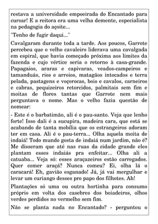 restava a universidade empoeirada do Encantado para
cursar! E a reitora era uma velha demente, especialista
na pedagogia do açoite...
"Tenho de fugir daqui..."
Cavalgaram durante toda a tarde. Aos poucos, Garrote
percebeu que o velho cavaleiro liderava uma cavalgada
em espiral, que havia começado próxima aos limites da
fazenda e cujo vértice seria o retorno à casa-grande.
Papagaios, araras e capivaras, veados-campeiros e
tamanduás, rios e arroios, matagãos intocados e terra
pelada, pastagens e voçorocas, bois e cavalos, carneiros
e cabras, pequizeiros retorcidos, palmitais sem fim e
moitas de flores tantas que Garrote nem mais
perguntava o nome. Mas o velho fazia questão de
nomear:
- Este é o barbatimão, ali é o pau-santo. Veja que lenho
forte! Isso dali é a sucupira, madeira cara, que está se
acabando de tanta mobília que os estrangeiros adoram
ter em casa. Ali é o pau-terra... Olha aquela moita de
indaiá! Todo mundo gosta de indaiá num jardim, não é?
Me disseram que até nas ruas da cidade grande eles
plantam esses indaiás pra enfeitar... Olha ali a
catuaba... Veja só: esses araçazeiros estão carregados.
Quer comer araçá? Nunca comeu? Ei, olha lá o
caracará! Eh, gavião esganado! Já, já vai mergulhar e
levar um curiango desses pro papo dos filhotes. Ah!
Plantações só uma ou outra hortinha para consumo
próprio em volta dos casebres dos boiadeiros, olhos
verdes perdidos no vermelho sem fim.
Não se planta nada no Encantado? - perguntou o
 