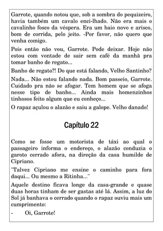 Garrote, quando notou que, sob a sombra do pequizeiro,
havia também um cavalo enci-lhado. Não era mais o
cavalinho fosco da véspera. Era um baio novo e arisco,
bom de corrida, pelo jeito. -Por favor, não quero que
venha comigo.
Pois então não vou, Garrote. Pode deixar. Hoje não
estou com vontade de sair sem café da manhã pra
tomar banho de regato...
Banho de regato?! Do que está falando, Velho Santinho?
Nada... Não estou falando nada. Bom passeio, Garrote.
Cuidado pra não se afogar. Tem homem que se afoga
nesse tipo de banho... Ainda mais homenzinhos
tinhosos feito algum que eu conheço...
O rapaz açulou o alazão e saiu a galope. Velho danado!
Capítulo22
Como se fosse um motorista de táxi ao qual o
passageiro informa o endereço, o alazão conduzia o
garoto cerrado afora, na direção da casa humilde de
Cipriano.
"Talvez Cipriano me ensine o caminho para fora
daqui... Ou mesmo a Ritinha..."
Aquele destino ficava longe da casa-grande e quase
duas horas tinham de ser gastas até lá. Assim, a luz do
Sol já banhava o cerrado quando o rapaz ouviu mais um
cumprimento:
- Oi, Garrote!
 
