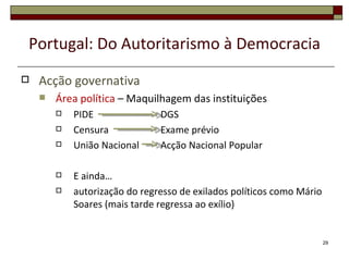 Portugal: Do Autoritarismo à Democracia
   Acção governativa
       Área política – Maquilhagem das instituições
           PIDE               DGS
           Censura            Exame prévio
           União Nacional     Acção Nacional Popular

           E ainda…
           autorização do regresso de exilados políticos como Mário
            Soares (mais tarde regressa ao exílio)


                                                                       29
 