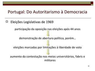 Portugal: Do Autoritarismo à Democracia
   Eleições Legislativas de 1969
       participação da oposição nas eleições após 44 anos

          demonstração de abertura política, porém…

      eleições marcadas por limitações à liberdade de voto

    aumento da contestação nos meios universitários, fabris e
                            militares
                                                                32
 