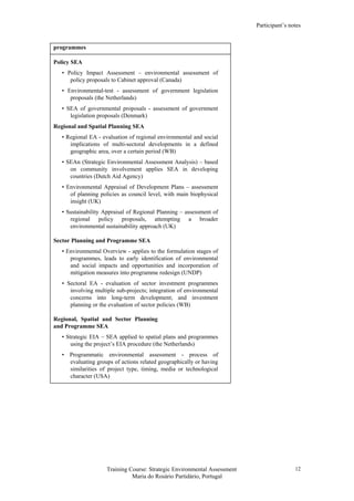 Participant’s notes
Training Course: Strategic Environmental Assessment
Maria do Rosário Partidário, Portugal
12
programmes
Policy SEA
• Policy Impact Assessment – environmental assessment of
policy proposals to Cabinet approval (Canada)
• Environmental-test - assessment of government legislation
proposals (the Netherlands)
• SEA of governmental proposals - assessment of government
legislation proposals (Denmark)
Regional and Spatial Planning SEA
• Regional EA - evaluation of regional environmental and social
implications of multi-sectoral developments in a defined
geographic area, over a certain period (WB)
• SEAn (Strategic Environmental Assessment Analysis) – based
on community involvement applies SEA in developing
countries (Dutch Aid Agency)
• Environmental Appraisal of Development Plans – assessment
of planning policies as council level, with main biophysical
insight (UK)
• Sustainability Appraisal of Regional Planning – assessment of
regional policy proposals, attempting a broader
environmental sustainability approach (UK)
Sector Planning and Programme SEA
• Environmental Overview - applies to the formulation stages of
programmes, leads to early identification of environmental
and social impacts and opportunities and incorporation of
mitigation measures into programme redesign (UNDP)
• Sectoral EA - evaluation of sector investment programmes
involving multiple sub-projects; integration of environmental
concerns into long-term development; and investment
planning or the evaluation of sector policies (WB)
Regional, Spatial and Sector Planning
and Programme SEA
• Strategic EIA – SEA applied to spatial plans and programmes
using the project’s EIA procedure (the Netherlands)
• Programmatic environmental assessment - process of
evaluating groups of actions related geographically or having
similarities of project type, timing, media or technological
character (USA)
 