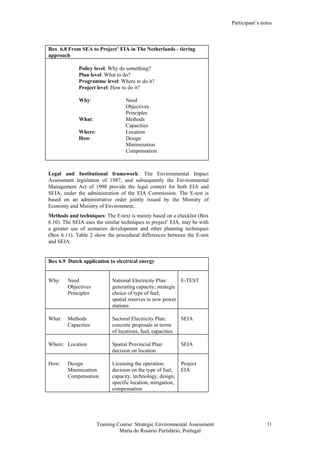 Participant’s notes
Training Course: Strategic Environmental Assessment
Maria do Rosário Partidário, Portugal
31
Box 6.8 From SEA to Project’ EIA in The Netherlands - tiering
approach
Policy level: Why do something?
Plan level: What to do?
Programme level: Where to do it?
Project level: How to do it?
Why: Need
Objectives
Principles
What: Methods
Capacities
Where: Location
How: Design
Minimization
Compensation
Legal and Institutional framework: The Environmental Impact
Assessment legislation of 1987, and subsequently the Environmental
Management Act of 1998 provide the legal context for both EIA and
SEIA, under the administration of the EIA Commission. The E-test is
based on an administrative order jointly issued by the Ministry of
Economy and Ministry of Environment.
Methods and techniques: The E-text is mainly based on a checklist (Box
6.10). The SEIA uses the similar techniques to project’ EIA, may be with
a greater use of scenarios development and other planning techniques
(Box 6.11). Table 2 show the procedural differences between the E-test
and SEIA.
Box 6.9 Dutch application to electrical energy
Why: Need
Objectives
Principles
National Electricity Plan:
generating capacity; strategic
choice of type of fuel;
spatial reserves to new power
stations
E-TEST
What: Methods
Capacities
Sectoral Electricity Plan:
concrete proposals in terms
of locations, fuel, capacities
SEIA
Where: Location Spatial Provincial Plan:
decision on location
SEIA
How: Design
Minimization
Compensation
Licensing the operation:
decision on the type of fuel,
capacity, technology, design,
specific location, mitigation,
compensation
Project
EIA
 