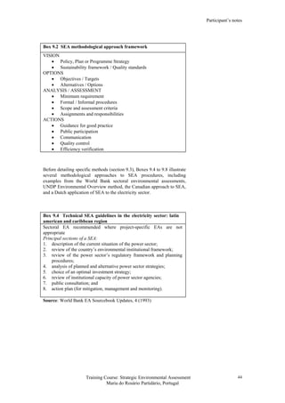 Participant’s notes
Training Course: Strategic Environmental Assessment
Maria do Rosário Partidário, Portugal
44
Box 9.2 SEA methodological approach framework
VISION
• Policy, Plan or Programme Strategy
• Sustainability framework / Quality standards
OPTIONS
• Objectives / Targets
• Alternatives / Options
ANALYSIS / ASSESSMENT
• Minimum requirement
• Formal / Informal procedures
• Scope and assessment criteria
• Assignments and responsibilities
ACTIONS
• Guidance for good practice
• Public participation
• Communication
• Quality control
• Efficiency verification
Before detailing specific methods (section 9.3), Boxes 9.4 to 9.8 illustrate
several methodological approaches to SEA procedures, including
examples from the World Bank sectoral environmental assessments,
UNDP Environmental Overview method, the Canadian approach to SEA,
and a Dutch application of SEA to the electricity sector.
Box 9.4 Technical SEA guidelines in the electricity sector: latin
american and caribbean region
Sectoral EA recommended where project-specific EAs are not
appropriate
Principal sections of a SEA:
1. description of the current situation of the power sector;
2. review of the country’s environmental institutional framework;
3. review of the power sector’s regulatory framework and planning
procedures;
4. analysis of planned and alternative power sector strategies;
5. choice of an optimal investment strategy;
6. review of institutional capacity of power sector agencies;
7. public consultation; and
8. action plan (for mitigation, management and monitoring).
Source: World Bank EA Sourcebook Updates, 4 (1993)
 