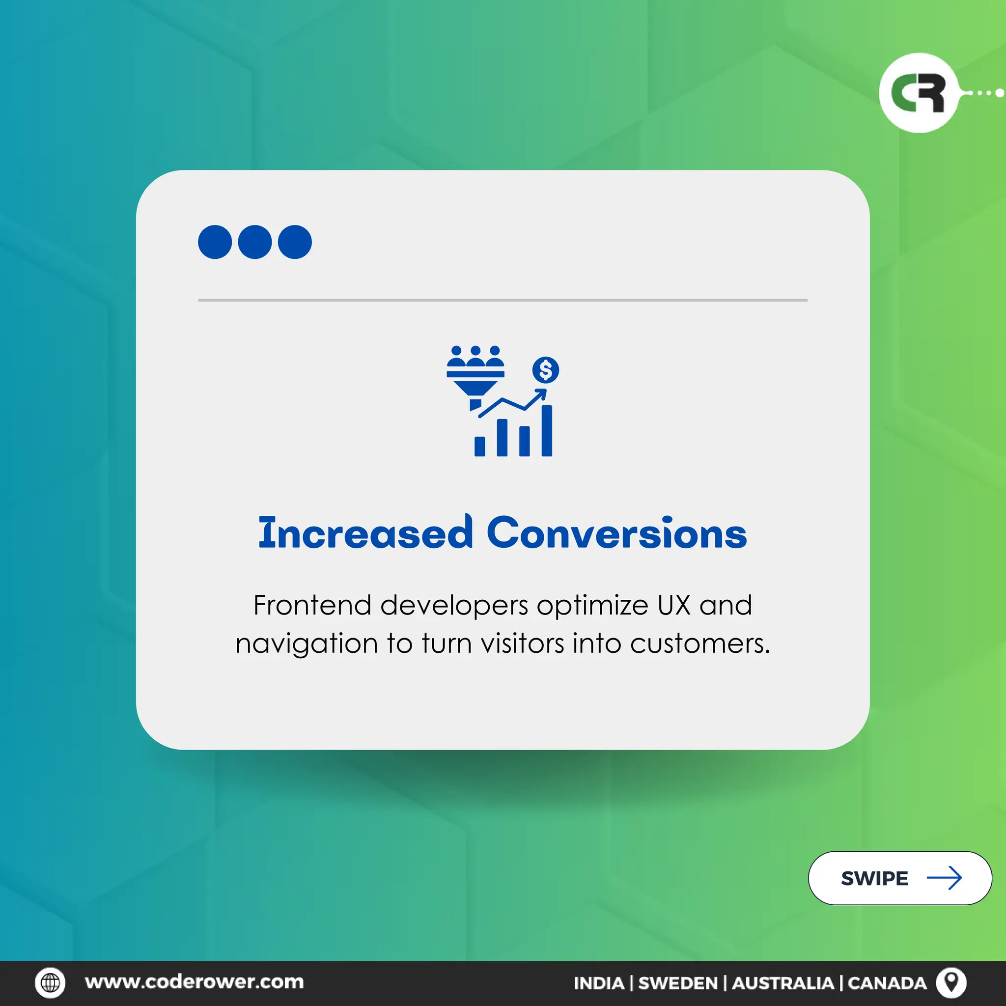 Increased Conversions
Frontend developers optimize UX and
navigation to turn visitors into customers.
SWIPE