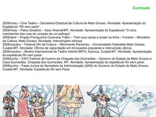Currículo


2009/maio – Cine Teatro – Secretaria Estadual de Cultura de Mato Grosso. Atividade: Apresentação do
Espetáculo “Rir sem parar”.
2009/maio – Palco Giratório – Sesc Arsenal/MT. Atividade: Apresentação do Espetáculo “O circo
mambembe das ruas do coração de um palhaço”.
2009/abril – Projeto Pixinguinha Caravana Triêro – Trem que cansa é andar na linha – Funarte – Ministério
da Cultura, Mato Grosso. Atividade: Intervenções cênicas
2008/outubro – Festival 24h de Cultura – Movimento Panamby – Universidade Federalde Mato Grosso,
Cuiabá-MT. Atividade: Oficina de capacitação em brinquedos populares e intervenção cênica.
2008/outubro – Mostra Internacional de Teatro Infantil (MITI)- Acenica, Cuiabá-MT. Atividade: Apresentação
do espetáculo Rir sem parar.
2008/junho – XXIV Festival de Inverno de Chapada dos Guimarães – Governo do Estado de Mato Grosso e
Casa Guimarães, Chapada dos Guimarães, MT. Atividade: Apresentação do espetáculo Rir sem parar.
2008/junho – Festa Junina da Secretaria de Administração (SAD) do Governo do Estado de Mato Grosso,
Cuiabá-MT. Atividade: Espetáculo Rir sem Parar
 