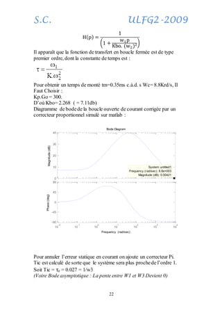 S.C. ULFG2-2009
22
H(p) =
1
(1 +
w1p
Kbo. (w2)2)
Il apparaît que la fonction de transfert en boucle fermée est de type
premier ordre, dont la constante de temps est :
Pour obtenir un temps de monté tm=0.35ms c.à.d. s Wc= 8.8Krd/s, Il
Faut Choisir :
Kp.Go = 300.
D’où Kbo= 2.268 ( = 7.11db)
Diagramme de bodede la boucle ouverte de courant corrigée par un
correcteur proportionnel simulé sur matlab :
Pour annuler l’erreur statique en courant on ajoute un correcteur Pi.
Tic est calculé de sorte que le système sera plus prochede l’ordre 1.
Soit Tic = τe = 0.027 = 1/w3
(Voire Bode asymptotique : La pente entre W1 et W3 Devient 0)
10
-2
10
-1
10
0
10
1
10
2
10
3
10
4
-90
-45
0
45
90
Phase(deg)
0
10
20
30
40
Magnitude(dB)
System: untitled1
Frequency (rad/sec): 8.8e+003
Magnitude (dB): 0.00421
Bode Diagram
Frequency (rad/sec)
 