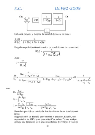 S.C. ULFG2-2009
25
En boucle ouverte, la fonction de transfert de vitesse est donc :
𝛺(𝑝)
𝛺𝑐(𝑝)
=
1
𝑓 + ( 𝑓𝜏 𝑒
′ + 𝐽) 𝑝 + 𝜏 𝑒
′ 𝐽𝑝2
Rappelons que la fonction de transfert en boucle fermée du courant est :
H(p) =
1
(1 +
w1p
Kbo. (w2)2)
Avec :
Il est alors possible de calculer la fonction de transfert en boucle fermée
/c:
Il apparaît alors un dilemme entre stabilité et précision. En effet, une
augmentation de KBO, ayant pour objectif de réduire l’erreur statique
entraîne une diminution de z, et donc déstabilise le système. Il va donc
 