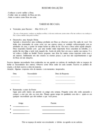 15
RESUMO DA LIÇÃO
. Conhecer e servir melhor a Deus.
. Confiar mais no cuidado de Deus por nós.
. Amar os outros como Deus nos ama.
TAREFAS DE CASA
 Versículos para Decorar : J0ão 10:14 e 15
“Eu sou o bom pastor; conheço as minhas ovelhas; e elas me conhecem; assim como o Pai me conhece e eu conheço o
Pai; e dou a minha vida pelas ovelhas”
 Desenvolva uma Atenção Divina
Aprenda a desenvolver uma confiança profunda em Deus ao observar como Ele cuida de você. Um
irmão deu testemunho de como certa vez sua esposa estava se sentindo sobrecarregada com as
atividades da casa, a ponto do tempo fechar no clima do lar. Ela orou a Deus sobre aquela situação.
Deus respondeu fazendo com que uma reunião muito importante fosse cancelada no trabalho, e o
patrão lhe deu folga a tarde toda naquele dia. Assim ele pôde ficar em casa e ajudar sua esposa. E o
sol voltou a brilhar na família! Parece pequeno, mas deus faz muitas coisas especiais como essa e
até maiores. Infelizmente nós não oramos ou oramos pouco, e por isso não experimentamos o agir
de Deus em tais situações.
Escreva algumas necessidades bem conhecidas na sua agenda ou caderno de meditação (não se esqueça de
incluir as necessidades dos outros). Observe como Deus cuida de cada assunto. Escreva os pedidos de
oração, e do lado escreva a data da resposta.
Atenção: Algumas respostas vêm de maneira e em momentos inesperados.
Data Necessidade Data da Resposta
_________ ______________ ____________________
_________ ______________ ____________________
_________ ______________ ____________________
 Retransmita o amor do Pastor
Ligue para pelo menos um parente ou amigo esta semana. Pergunte como eles estão passando e
comece a orar por eles ou com eles. Planeje gastar tempo de qualidade com eles e ajude-os em
qualquer necessidade que eles tenham e que você possa.
Amigo Parente
 ________ _______________________
 ____________ _______________________
 ____________ _______________________
Não se esqueça de anotar seu crescimento e vitórias na agenda ou no caderno.
 