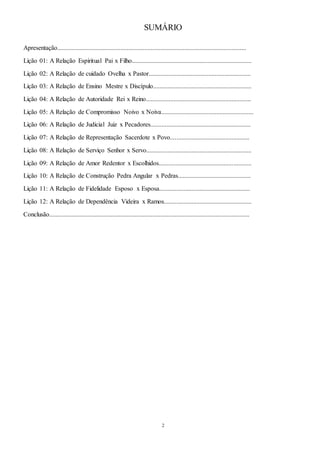 2
SUMÁRIO
Apresentação.....................................................................................................................
Lição 01: A Relação Espiritual Pai x Filho..........................................................................
Lição 02: A Relação de cuidado Ovelha x Pastor...............................................................
Lição 03: A Relação de Ensino Mestre x Discípulo.............................................................
Lição 04: A Relação de Autoridade Rei x Reino.................................................................
Lição 05: A Relação de Compromisso Noivo x Noiva.........................................................
Lição 06: A Relação de Judicial Juiz x Pecadores..............................................................
Lição 07: A Relação de Representação Sacerdote x Povo.................................................
Lição 08: A Relação de Serviço Senhor x Servo.................................................................
Lição 09: A Relação de Amor Redentor x Escolhidos.........................................................
Lição 10: A Relação de Construção Pedra Angular x Pedras.............................................
Lição 11: A Relação de Fidelidade Esposo x Esposa........................................................
Lição 12: A Relação de Dependência Videira x Ramos......................................................
Conclusão............................................................................................................................
 