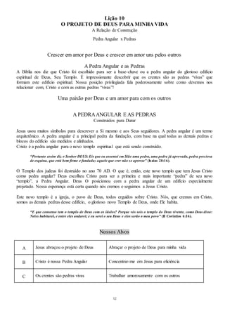 52
Lição 10
O PROJETO DE DEUS PARA MINHA VIDA
A Relação de Construção
Pedra Angular x Pedras
Crescer em amor por Deus e crescer em amor uns pelos outros
A Pedra Angular e as Pedras
A Bíblia nos diz que Cristo foi escolhido para ser a base-chave ou a pedra angular do glorioso edifício
espiritual de Deus, Seu Templo. É impressionante descobrir que os crentes são as pedras “vivas” que
formam este edifício espiritual. Nossa posição privilegiada fala poderosamente sobre como devemos nos
relacionar com, Cristo e com as outras pedras “vivas”!
Uma paixão por Deus e um amor para com os outros
A PEDRAANGULAR E AS PEDRAS
Construídos para Durar
Jesus usou muitos símbolos para descrever a Si mesmo e aos Seus seguidores. A pedra angular é um termo
arquitetônico. A pedra angular é a principal pedra da fundação, com base na qual todas as demais pedras e
blocos do edifício são medidos e alinhados.
Cristo é a pedra angular para o novo templo espiritual que está sendo construído.
“Portanto assim diz o Senhor DEUS: Eis que eu assentei em Sião uma pedra, uma pedra já aprovada, pedra preciosa
de esquina, que está bem firme e fundada; aquele que crer não se apresse” (Isaias 28:16).
O Templo dos judeus foi destruído no ano 70 AD. O que é, então, este novo templo que tem Jesus Cristo
como pedra angular? Deus escolheu Cristo para ser a primeira e mais importante “pedra” de seu novo
“templo”, a Pedra Angular. Deus O posicionou com a pedra angular de um edifício especialmente
projetado. Nossa esperança está certa quando nós cremos e seguimos a Jesus Cristo.
Este novo templo é a igreja, o povo de Deus, todos erguidos sobre Cristo. Nós, que cremos em Cristo,
somos as demais pedras desse edifício, o glorioso novo Templo de Deus, onde Ele habita.
“E que consenso tem o templo de Deus com os ídolos? Porque vós sois o templo do Deus vivente, como Deus disse:
Neles habitarei, e entre eles andarei; e eu serei o seu Deus e eles serão o meu povo” (II Coríntios 6:16).
Nossos Alvos
A Jesus abraçou o projeto de Deus Abraçar o projeto de Deus para minha vida
B Cristo é nossa Pedra Angular Concentrar-me em Jesus para eficiência
C Os crentes são pedras vivas Trabalhar amorosamente com os outros
 