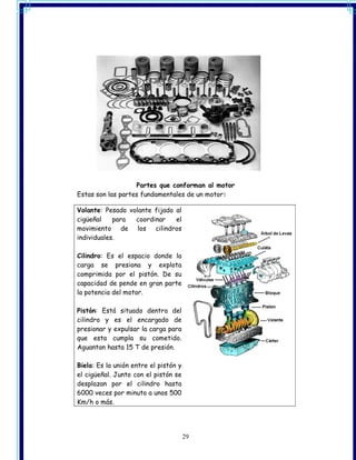Partes que conforman al motor
Estas son las partes fundamentales de un motor:

Volante: Pesado volante fijado al
cigüeñal    para  coordinar    el
movimiento de los cilindros
individuales.

Cilindro: Es el espacio donde la
carga se presiona y explota
comprimida por el pistón. De su
capacidad de pende en gran parte
la potencia del motor.

Pistón: Está situado dentro del
cilindro y es el encargado de
presionar y expulsar la carga para
que esta cumpla su cometido.
Aguantan hasta 15 T de presión.

Biela: Es la unión entre el pistón y
el cigüeñal. Junto con el pistón se
desplazan por el cilindro hasta
6000 veces por minuto a unos 500
Km/h o más.




                                       29
 