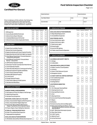 Ford Vehicle Inspection Checklist
                                                                                                                                                                         Page 1 of 4



                                                                              Dealership Name:                                                       Dealership Name:


                                                                              Year/Make/Model:                                            Color:                    Mileage:
Prior to delivery of this vehicle, the following
checks and inspections were performed.                                        Stock Number:                           VIN:                                          R.O. #
Any item(s) that did not pass the 172-point
inspection have been replaced or repaired.


 1. Vehicle HISTORY                                                                              3. Vehicle Exterior	                                                  continued
 	                                                        Passed	 Repaired	Replaced	   N/A       	                                                 Passed	 Repaired	Replaced	          N/A
 1. VIN Inspection	                                           	        	        	                3D GLASS AND OUTSIDE MIRRORS	

 2. Service Recalls (OASIS) Performed	                        	        	        	                33. Wiper Blade Replacement	                          	        	            	
 3. Vehicle History Report Obtained	                          	        	        	                34. Outside Mirror Inspection	                        	        	            	
 4. Scheduled Maintenance Performed	                          	        	        	                3E EXTERIOR LIGHTS
 5. Vehicle Emissions Sticker (Applicable States)	            	        	        	                35. Front-End Exterior Lights	                        	        	            	
                                                                                                 36. Back-End Exterior Lights	                         	        	            	
 2. ROAD TEST                                                                                    37. Side Exterior Lights	                             	        	            	
 	                                                        Passed	 Repaired	Replaced	   N/A       38. Hazard Lights	                                    	        	            	
 6. Engine Starts and Idles Properly	                         	        	        	                39. Auto On/Off Lighting	                             	        	            	
 7. Remote Start System Operation	                            	        	        	                40. Trailer Lamp Connector Operation	                 	        	            	
 8. Engine Accelerates and Cruises Properly/Smoothly	         	        	        	
 9. Engine Noise Normal (Cold/Hot & High/Low Speeds)	         	        	        	
                                                                                                 4. Vehicle interior
 10. Auto/Manual Transmission/Transaxle Operation –                                                                                                                                            	
     Cold and Hot Shift Quality	                              	        	        	                	                                                 Passed	 Repaired	Replaced	          N/A

 11. Auto/Manual Transmission/Transaxle Noise                                                    4A AIRBAG AND SAFETY BELTS
     Normal – Cold and Hot	                                   	        	        	                41. Airbags	                                          	        	            	
 12. Shift Interlock Operates Properly	                       	        	        	                42. Safety Belts	                                     	        	            	
 13. Drive Axle/Transfer Case Operation Noise Normal	         	        	        	                4B AUDIO AND ALARM SYSTEMS
 14. Clutch Operates Properly	                                	        	        	                43. Radio, Cassette, CD and Speakers	                 	        	            	
 15. Steers Normally (Response, Centering and Free Play)	     	        	        	                44. Antenna	                                          	        	            	
 16. Body and Suspension Squeaks and Rattles	                 	        	        	                45. Alarm/Theft-Deterrent System	                     	        	            	
 17. Struts/Shocks Operate Properly	                          	        	        	                46. Navigation System	                                	        	            	
 18. Brakes/ABS Operate Properly	                             	        	        	
                                                                                                 4C HEAT/VENT/AC/DEFOG/DEFROST
 19. Cruise Control	                                          	        	        	
                                                                                                 47. Air Conditioning System	                          	        	            	
 20. Gauges Operate Properly	                                 	        	        	
                                                                                                 48. Heating System	                                   	        	            	
 21. Driver Select/Memory Profile Systems	                    	        	        	
                                                                                                 49. Defog/Defrost	                                    	        	            	
 22. No Abnormal Wind Noise	                                  	        	        	
                                                                                                 4D INTERIOR AMENITIES
                                                                                                 50. Clock	                                            	        	            	
 3. Vehicle exterior
 	                                                        Passed	 Repaired	Replaced	   N/A
                                                                                                 51. Tilt/Telescopic Steering Wheel	                   	        	            	
 3A Body Panels and Bumpers	                                                                     52. Steering Column Lock	                             	        	            	
 23. No Evidence of Flood, Fire, Major or Hail Damage	        	        	        	                53. Steering Wheel Controls	                          	        	            	
 24. Body Panel Inspection	                                   	        	        	                54. Horn	                                             	        	            	
 25. Bumper/Fascia Inspection	                                	        	        	                55. Warning Chimes	                                   	        	            	
                                                                                                 56. Instrument Panel and Warning Lights	              	        	            	
 3B DOORS, HOOD, DECKLID, TAILGATE
                                                                                                 57. Wipers	                                           	        	            	
 26. Doors, Hood, Decklid/Tailgate and Roof Inspection	       	        	        	
                                                                                                 58. Washers	                                          	        	            	
 27. Doors, Hood, Decklid/Tailgate Alignment	                 	        	        	
                                                                                                 59. Interior Courtesy, Dome and Map Lights	           	        	            	
 28. Automatic/Manual Release Mechanisms,
     Hinges, Prop Rod/Gas Struts Operate Properly	            	        	        	                60. Manual Outside Rearview Mirrors, Power
                                                                                                     Outside Rearview Mirrors and Auto-dimming
 29. Power Liftgate, Power-Sliding Door Operation	            	        	        	                    Rearview Mirror	                                  	        	            	
 3C GRILLE, TRIM AND ROOF RACK                                                                   61. BLIS® (Blind Spot Information System)	            	        	            	
 30. Grille, Trim and Roof Rack Inspection	                   	        	        	                62. Rear View Camera	                                 	        	            	
 31. Deployable Running Boards	                               	        	        	                63. SYNC® System	                                     	        	            	
 3D GLASS AND OUTSIDE MIRRORS	                                                                   64. MyFord Touch®	                                    	        	            	
 32. Windshield, Side and Rear-Window Glass Inspection	                                          65. Active Park Assist	                               	        	            	
                                                              	        	        	

                                                                              Original: Owner    Copy: Dealer                                                                    FCPO-Inspect-12
 
