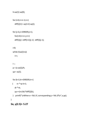 h=ax[1]-ax[0];
for (i=0;i<=n-1;i++)
diff[i][1] = ay[i+1]-ay[i];
for (j=2;j<=ORDER;j++);
for(i=0;i<=n-j;i++)
diff[i][j] = diff[i+1][j-1] - diff[i][j-1];
i=0;
while (!(ax[i]>x))
i++;
i--;
p = (x-ax[i])/h;
yp = ay[i];
for (k=1;k<=ORDER;k++)
{ nr *=p-k+1;
dr *=k;
yp +=(nr/dr)*diff[i][k];
} printf("nWhen x= %6.1f, corresponding y =%6.2fn",x,yp);
}
So, y(2.5)= 5.27
 