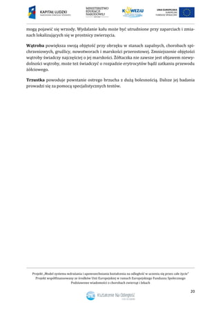 Projekt „Model systemu wdrażania i upowszechniania kształcenia na odległość w uczeniu się przez całe życie”
Projekt współfinansowany ze środków Unii Europejskiej w ramach Europejskiego Funduszu Społecznego
Podstawowe wiadomości o chorobach zwierząt i lekach
20
mogą pojawić się wrzody. Wydalanie kału może być utrudnione przy zaparciach i zmia-
nach lokalizujących się w prostnicy zwierzęcia.
Wątroba powiększa swoją objętość przy obrzęku w stanach zapalnych, chorobach spi-
chrzeniowych, gruźlicy, nowotworach i marskości przerostowej. Zmniejszenie objętości
wątroby świadczy najczęściej o jej marskości. Żółtaczka nie zawsze jest objawem niewy-
dolności wątroby, może też świadczyć o rozpadzie erytrocytów bądź zatkaniu przewodu
żółciowego.
Trzustka powoduje powstanie ostrego brzucha z dużą bolesnością. Dalsze jej badania
prowadzi się za pomocą specjalistycznych testów.
 