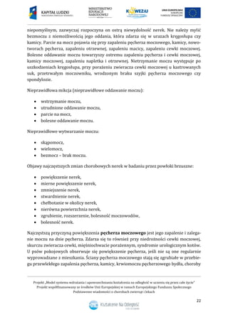 Projekt „Model systemu wdrażania i upowszechniania kształcenia na odległość w uczeniu się przez całe życie”
Projekt współfinansowany ze środków Unii Europejskiej w ramach Europejskiego Funduszu Społecznego
Podstawowe wiadomości o chorobach zwierząt i lekach
22
niepomyślnym, zazwyczaj rozpoczyna on ostrą niewydolność nerek. Nie należy mylić
bezmoczu z niemożliwością jego oddania, która zdarza się w urazach kręgosłupa czy
kamicy. Parcie na mocz pojawia się przy zapaleniu pęcherza moczowego, kamicy, nowo-
tworach pęcherza, zapaleniu otrzewnej, zapaleniu macicy, zapaleniu cewki moczowej.
Bolesne oddawanie moczu towarzyszy ostremu zapaleniu pęcherza i cewki moczowej,
kamicy moczowej, zapaleniu napletka i otrzewnej. Nietrzymanie moczu występuje po
uszkodzeniach kręgosłupa, przy porażeniu zwieracza cewki moczowej u kastrowanych
suk, przetrwałym moczowniku, wrodzonym braku szyjki pęcherza moczowego czy
spondylozie.
Nieprawidłowa mikcja (nieprawidłowe oddawanie moczu):
 wstrzymanie moczu,
 utrudnione oddawanie moczu,
 parcie na mocz,
 bolesne oddawanie moczu.
Nieprawidłowe wytwarzanie moczu:
 skąpomocz,
 wielomocz,
 bezmocz – brak moczu.
Objawy najczęstszych zmian chorobowych nerek w badaniu przez powłoki brzuszne:
 powiększenie nerek,
 mierne powiększenie nerek,
 zmniejszenie nerek,
 stwardnienie nerek,
 chełbotanie w okolicy nerek,
 nierówna powierzchnia nerek,
 zgrubienie, rozszerzenie, bolesność moczowodów,
 bolesność nerek.
Najczęstszą przyczyną powiększenia pęcherza moczowego jest jego zapalenie i zalega-
nie moczu na dnie pęcherza. Zdarza się to również przy niedrożności cewki moczowej,
skurczu zwieracza cewki, mięśniochwacie porażennym, syndromie urologicznym kotów.
U psów pokojowych obserwuje się powiększenie pęcherza, jeśli nie są one regularnie
wyprowadzane z mieszkania. Ściany pęcherza moczowego stają się zgrubiałe w przebie-
gu przewlekłego zapalenia pęcherza, kamicy, krwiomoczu pęcherzowego bydła, choroby
 