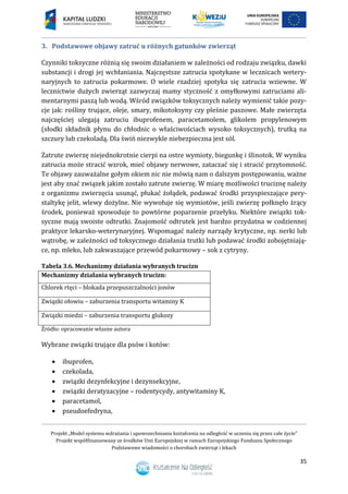 Projekt „Model systemu wdrażania i upowszechniania kształcenia na odległość w uczeniu się przez całe życie”
Projekt współfinansowany ze środków Unii Europejskiej w ramach Europejskiego Funduszu Społecznego
Podstawowe wiadomości o chorobach zwierząt i lekach
35
3. Podstawowe objawy zatruć u różnych gatunków zwierząt
Czynniki toksyczne różnią się swoim działaniem w zależności od rodzaju związku, dawki
substancji i drogi jej wchłaniania. Najczęstsze zatrucia spotykane w lecznicach wetery-
naryjnych to zatrucia pokarmowe. O wiele rzadziej spotyka się zatrucia wziewne. W
lecznictwie dużych zwierząt zazwyczaj mamy styczność z omyłkowymi zatruciami ali-
mentarnymi paszą lub wodą. Wśród związków toksycznych należy wymienić takie pozy-
cje jak: rośliny trujące, oleje, smary, mikotoksyny czy pleśnie paszowe. Małe zwierzęta
najczęściej ulegają zatruciu ibuprofenem, paracetamolem, glikolem propylenowym
(słodki składnik płynu do chłodnic o właściwościach wysoko toksycznych), trutką na
szczury lub czekoladą. Dla świń niezwykle niebezpieczna jest sól.
Zatrute zwierzę niejednokrotnie cierpi na ostre wymioty, biegunkę i ślinotok. W wyniku
zatrucia może stracić wzrok, mieć objawy nerwowe, zataczać się i stracić przytomność.
Te objawy zauważalne gołym okiem nic nie mówią nam o dalszym postępowaniu, ważne
jest aby znać związek jakim zostało zatrute zwierzę. W miarę możliwości truciznę należy
z organizmu zwierzęcia usunąć, płukać żołądek, podawać środki przyspieszające pery-
staltykę jelit, wlewy dożylne. Nie wywołuje się wymiotów, jeśli zwierzę połknęło żrący
środek, ponieważ spowoduje to powtórne poparzenie przełyku. Niektóre związki tok-
syczne mają swoiste odtrutki. Znajomość odtrutek jest bardzo przydatna w codziennej
praktyce lekarsko-weterynaryjnej. Wspomagać należy narządy krytyczne, np. nerki lub
wątrobę, w zależności od toksycznego działania trutki lub podawać środki zobojętniają-
ce, np. mleko, lub zakwaszające przewód pokarmowy – sok z cytryny.
Tabela 3.6. Mechanizmy działania wybranych trucizn
Mechanizmy działania wybranych trucizn:
Chlorek rtęci – blokada przepuszczalności jonów
Związki ołowiu – zaburzenia transportu witaminy K
Związki miedzi – zaburzenia transportu glukozy
Źródło: opracowanie własne autora
Wybrane związki trujące dla psów i kotów:
 ibuprofen,
 czekolada,
 związki dezynfekcyjne i dezynsekcyjne,
 związki deratyzacyjne – rodentycydy, antywitaminy K,
 paracetamol,
 pseudoefedryna,
 
