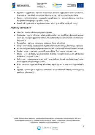 Projekt „Model systemu wdrażania i upowszechniania kształcenia na odległość w uczeniu się przez całe życie”
Projekt współfinansowany ze środków Unii Europejskiej w ramach Europejskiego Funduszu Społecznego
Podstawowe wiadomości o chorobach zwierząt i lekach
6
 Pęcherz – wypełniona płynem surowiczym zmiana sięgająca do skóry właściwej.
Powstaje w chorobach zakaźnych. Może goić się z lub bez powstania blizny.
 Krosta – wypełniona jest ropą zawierającą leukocyty i bakterie. Zmiana charakte-
rystyczna dla ropnego zapalenia skóry.
 Zaskórnik – powstaje w wyniku zatkania ujścia gruczołów łojowych skóry.
Wykwity wtórne skóry
 Otarcie – powierzchowny ubytek naskórka.
 Nadżerka – powierzchniowy ubytek skóry gojący się bez blizny. Powstaje poura-
zowo po pęknięciu pęcherzy i krost. Charakterystyczna dla chorób autoimmuno-
logicznych.
 Rozpadlina – sącząca się zmiana sięgająca skóry właściwej.
 Strup – utworzony jest z zeschniętych komórek surowiczego, krwistego wysięku.
 Wrzód – ubytek skóry w głąb skóry właściwej. Np. wrzody eozynofilowe u kotów.
 Łuska – towarzyszy ropnym zapaleniom skóry. Zbyt mocne rogowacenie.
 Blizna – jeden z etapów gojenia się ran. Blizna powstaje w momencie, gdy tkanka
włóknista zastępuje skórę.
 Odleżyna – zmiana martwicowa skóry powstała na skutek upośledzonego krąże-
nia w wyniku miejscowego zastoju.
 Rana – zmiana sięgająca skóry właściwej, wynikająca z przerwania ciągłości skó-
ry.
 Zgorzel – powstaje w wyniku namnożenia się w skórze bakterii produkujących
gaz (zgorzel gazowa).
 