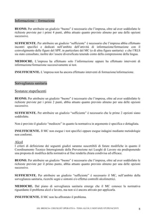 ASL BRESCIA- CHECKLIST OPERATIVA - TEMA ALCOL E SOSTANZE STUPEFACENTI 8
Informazione – formazione
BUONO. Per attribuire un giudizio “buono” è necessario che l’impresa, oltre ad aver soddisfatto le
richieste previste per i primi 4 punti, abbia attuato quanto previsto almeno per una delle opzioni
successive.
SUFFICIENTE. Per attribuire un giudizio “sufficiente” è necessario che l’impresa abbia effettuato
incontri specifici e dedicati nell’ambito dell’attività di informazione/formazione con il
coinvolgimento delle figure del SPP, in particolare del MC (o di altra figura sanitaria) e che l’RLS
sia stato consultato; inoltre dev’essere diversificata tenendo conto della comprensione della lingua.
MEDIOCRE. L’impresa ha effettuato solo l’informazione oppure ha effettuato interventi di
informazione/formazione successivamente ai test.
INSUFFICIENTE. L’impresa non ha ancora effettuato interventi di formazione/informazione.
Sorveglianza sanitaria
Sostanze stupefacenti
BUONO. Per attribuire un giudizio “buono” è necessario che l’impresa, oltre ad aver soddisfatto le
richieste previste per i primi 2 punti, abbia attuato quanto previsto almeno per una delle opzioni
successive.
SUFFICIENTE. Per attribuire un giudizio “sufficiente” è necessario che le prime 2 opzioni siano
soddisfatte.
Non è previsto il giudizio “mediocre” in quanto la normativa in argomento è specifica e dettagliata.
INSUFFICIENTE. Il MC non esegue i test specifici oppure esegue indagini mediante metodologie
non conformi.
Alcol
I criteri di definizione dei seguenti giudizi saranno suscettibili di future modifiche in quanto il
Coordinamento Tecnico Interregionale della Prevenzione nei Luoghi di Lavoro sta predisponendo
una proposta di modifica della normativa al fine renderla chiara condivisa ed efficace.
BUONO. Per attribuire un giudizio “buono” è necessario che l’impresa, oltre ad aver soddisfatto le
richieste previste per il primo punto, abbia attuato quanto previsto almeno per una delle opzioni
successive.
SUFFICIENTE. Per attribuire un giudizio “sufficiente” è necessario il MC, nell’ambito della
sorveglianza sanitaria, ricerchi segni e sintomi e/o effettui controlli alcolimetrici.
MEDIOCRE. Dal piano di sorveglianza sanitaria emerge che il MC conosce la normativa
riguardante il problema alcol e lavoro, ma non si è ancora attivato per applicarla.
INSUFFICIENTE. Il MC non ha affrontato il problema.
 