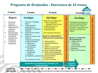 Antamina: 
Apoyo en el desarrollo de Competencias Conductuales 1. Talleres DDI (4) 2. Antaminado Nuestro Futuro 3. Taller de comunicación efectiva a todo nivel 4. Curso virtual de liderazgo 5. Taller de presentaciones efectivas para facilitadores 6. Lectura de libros 7. Exposiciones 8. Casos de estudio 
Apoyo en el desarrollo de Competencias 
1.Talleres DDI (4) 
2.Trabajo con audiovisuales 3. Lectura de otros libros 4. Exposición 5. Apoyo en el Proyecto 
3 meses 
4 meses 
8 meses 
Programa de Graduados - Estructura de 24 meses 
Etapa 0 
1.Diseño del programa. 
2.Asignación y Preparación de Coaches y Mentores. 
3.Reclutamiento de Graduados 
4.Proceso de Selección de Graduados 
5.Contrato de Graduados 
1ra Etapa 
Coaching Mentoring 
2da Etapa 
Pasantía en las Gerencias: 1. Salud, Seguridad Industrial y Serv. Emerg. 2. Operaciones mina 3. Concentradora 4. Mantenimiento Dos meses por Gerencia 
Desarrollo de Competencias Técnicas y de Comportamiento 
12 meses 
Proyecto de Mejora 
3ra Etapa 
El graduado permanece en una sola Superintendencia para conocer a fondo los procesos y desarrollar o ser parte de un proyecto de mejora. 
Evaluación Integral de cada Graduado (Mentor, Coach, RRHH) 
Evaluación Integral de cada Graduado (Mentor, Coach, RRHH) 
1.Inducción Trabajador Nuevo 
2.Presentación de programa a los Graduados, mentores y Coaches. 
3.Inducción a la Cultura Antamina. 
4.Pasantía y apoyo a las áreas de: 
a)Recursos Humanos 
b)Medio Ambiente 
c)Relaciones Comunitarias 
d)Contraloría y Finanzas 
e)Excelencia Operacional 
f)Logística 
g)Ingeniería y proyectos Dos semanas por área  
