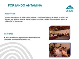 Antamina: 
FORJANDO ANTAMINA 
OBJETIVOS 
•Crear una identidad organizacional alineada con los resultados estratégicos de la empresa. 
DESCRIPCIÓN 
Actividad de dos días de duración y que reúne a los líderes de todas las áreas. Se realiza dos veces al año, y forma parte de las estrategias de revisión y alineamiento sobre los objetivos estratégico de la empresa.  
