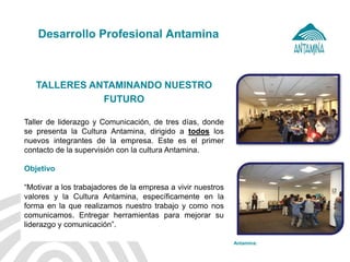 Antamina: 
Desarrollo Profesional Antamina 
TALLERES ANTAMINANDO NUESTRO FUTURO Taller de liderazgo y Comunicación, de tres días, donde se presenta la Cultura Antamina, dirigido a todos los nuevos integrantes de la empresa. Este es el primer contacto de la supervisión con la cultura Antamina. Objetivo “Motivar a los trabajadores de la empresa a vivir nuestros valores y la Cultura Antamina, específicamente en la forma en la que realizamos nuestro trabajo y como nos comunicamos. Entregar herramientas para mejorar su liderazgo y comunicación”.  