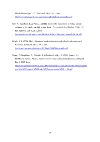 21
Middle Ground, pp. 21-23. Retrieved July 8, 2013, from
http://www.safeandcivilschools.com/research/articles/tamingtardies.pdf
Tyre, A., Feuerborn, L.,& Pierce, J. (2011). Schoolwide intervention to reduce chronic
tardiness at the middle and high school levels. Preventing School Failure, 55(3), 132
139. Retrieved July 8, 2013, from
http://carolinessf.wikispaces.com/file/view/Reduce+Tardiness+Journal+Article.pdf
Weade, B. L. (2004, May). School and work tardiness in high school students in rural
Wisconsin. Retrieved July 8, 2013, from
http://www2.uwstout.edu/content/lib/thesis/2004/2004weadeb.pdf
Young, Z., Reddehase, S., Andrade, K.,& Lambert-Lindley, S. (2011, January 31).
Dashboard metrics: Phase 2 metric overviews and technical specifications. Retrieved
July 8, 2013, from
http://www.districtconnections.com/CDMDownloads/Texas%20Student%20Data%20Sys
tem%20-%20Complete%20Metrics%20Documentation%201.31.11.pdf
 