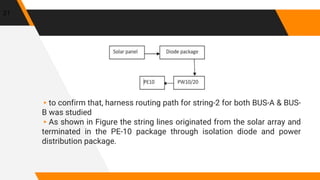 ▸to confirm that, harness routing path for string-2 for both BUS-A & BUS-
B was studied
▸As shown in Figure the string lines originated from the solar array and
terminated in the PE-10 package through isolation diode and power
distribution package.
21
 