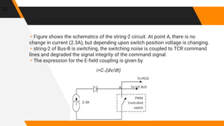 ▸Figure shows the schematics of the string-2 circuit. At point A, there is no
change in current (2.3A), but depending upon switch position voltage is changing.
▸string-2 of Bus-B is switching, the switching noise is coupled to TCR command
lines and degraded the signal integrity of the command signal.
▸The expression for the E-field coupling is given by
i=C12(dv/dt)
22
 