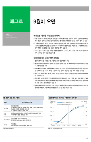 6
매크로 9월이 오면
김승현
02.769.3912
economist1@dashin.com
예고된 9월 이벤트중 최고는 연준 정책후퇴
- 9월 미국 FOMC회의는 18일에 정책결정과 기자회견이 예정. 경제지표 후퇴와 금융시장 불확실성
확대 때문에 정책 축소 시작시점이 9월이 아닌 좀 더 뒤로 미뤄질 수 있다는 기대가 생겨나고 있음
- 그러나 정책후퇴 결정이 내년으로 미뤄질 가능성은 낮음. 월초 경제지표(ISM제조업지수 55.4 →
54.0으로 전월비 하락, 8월고용지표(164k → 180k으로 전월비 상승 예상)도 혼조 예상되며 경제지
표가 연준의 의사결정을 바꿀 정도의 영향력을 주기 힘들 것
- 이미 시장이 각오하고 있는 것처럼 9월에 정책후퇴가 시작되고, 축소 규모는 국채 100억 달러로 약
하게 시작하는 것이 가장 가능성이 큼
확대된 G20 의제, 긍정적 변수가 많아졌음
- 월초에 호재가 될 수 있는 다른 이벤트는 G20 정상회담(5~6일)
- 논의될 의제는 긴축완화와 각국별 경기안정화 정책을 담은 St. Petersburg Action Plan 발표, 신흥
국 외환시장 안정 이슈
- 당분간(2015년까지로 계획) 부채관리 보다는 경기안정에 주안점을 둔다는 점은 긍정적. 최근 유럽
경기 회복에 대한 기대가 커지는 시점에서 이런 정책이 확인되는 것은 그 효과가 클 수 있음
- 특히 22일 예정된 독일 총선을 앞두고 유럽이 주도하는 G20의 정책공조는 메르켈 총리의 지지율에
도 긍정적인 요인
- 한편 중국 시진핑 주석은 G20 회담에서 중국의 경제개혁에 대해 연설할 예정. 이를 통해 11월에
있을 3중전회에서 다뤄질 경제개혁에 대한 방향을 읽을 수 있을 것이라는 기대. 이 경우 중국정책
에 대한 기대도 같이 살아날 수 있을 것
- 정치적 불확실성 요소는 9일에 있을 이탈리아 베를루스쿠니 전 총리의 상원의원 적격심사 결정. 상
원의원직 박탈 시, 이탈리아 연정 흔들릴 수 있다는 불안 커질 수 있음
9 월 영향력 있을 주요 이벤트 완만한 정책축소 시나리오(14 년 말까지 정책 철수)
일자 주요 이벤트 및 내용
5~6 일
G20 정상회담
국가별 재정계획(긴축 완화를 담은) 제출, 그림자 금융 규제강
화, 신흥국 외환시장 안정 등 논의
St. Petersburg Action Plan 발표
9 일
이탈리아 베를루스쿠니 상원의원 자격 적격심사결과 발표
자격 박탈시 연정 불확실성 대두
17~18 일
미국 FOMC 회의 및 기자회견
양적완화 축소(Tapering)에 대한 논의
22 일
독일 총선
메르켈 기민당 과반의석 확보 여부 관심
0.8
1
1.2
1.4
1.6
1.8
1.6
1.8
2.0
2.2
2.4
2.6
12.07 12.12 13.05 13.10 14.03 14.08
국채 Tapering(좌)
MBS tapering(우)
(조달러)
QE3
(조달러)
자료: 대신증권리서치센터 자료: CEIC, 대신증권리서치센터
 