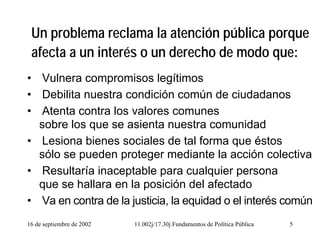 16 de septiembre de 2002 11.002j/17.30j Fundamentos de Política Pública 5
Un problema reclama la atención pública porque
afecta a un interés o un derecho de modo que:
• Vulnera compromisos legítimos
• Debilita nuestra condición común de ciudadanos
• Atenta contra los valores comunes
sobre los que se asienta nuestra comunidad
• Lesiona bienes sociales de tal forma que éstos
sólo se pueden proteger mediante la acción colectiva
• Resultaría inaceptable para cualquier persona
que se hallara en la posición del afectado
• Va en contra de la justicia, la equidad o el interés común
 