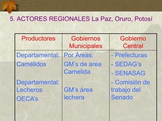 5. ACTORES REGIONALES La Paz, Oruro, Potosí
Productores Gobiernos
Municipales
Gobierno
Central
Departamental:
Camélidos
Departamental:
Lecheros
OECA’s
Por Áreas:
GM’s de area
Camelida
GM’s área
lechera
- Prefecturas
- SEDAG‘s
- SENASAG
- Comisión de
trabajo del
Senado
 