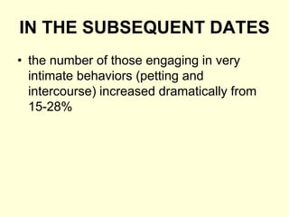 IN THE SUBSEQUENT DATES
• the number of those engaging in very
intimate behaviors (petting and
intercourse) increased dramatically from
15-28%
 